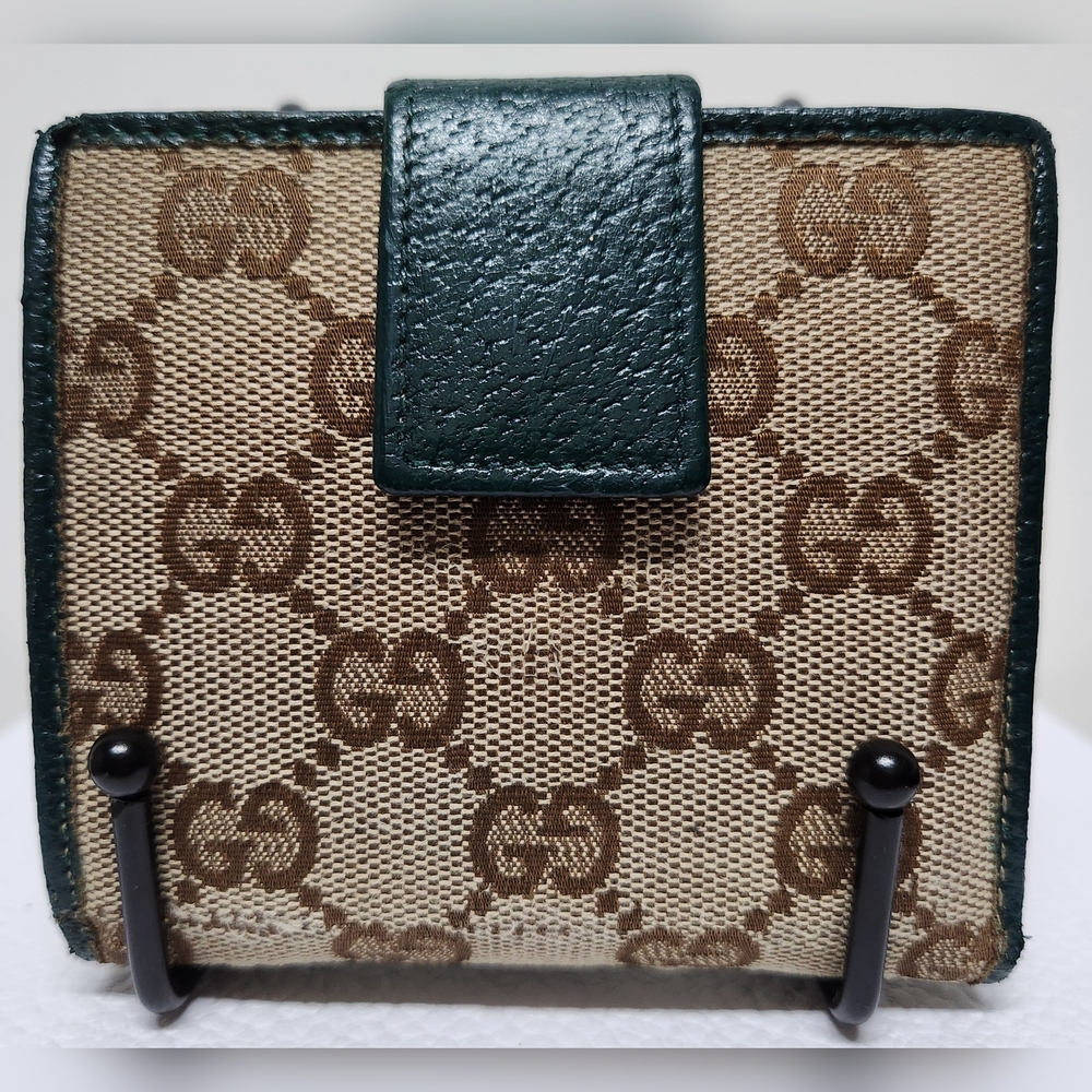 Gucci GG Canvas and Green Leather French Coin Purse Wallet